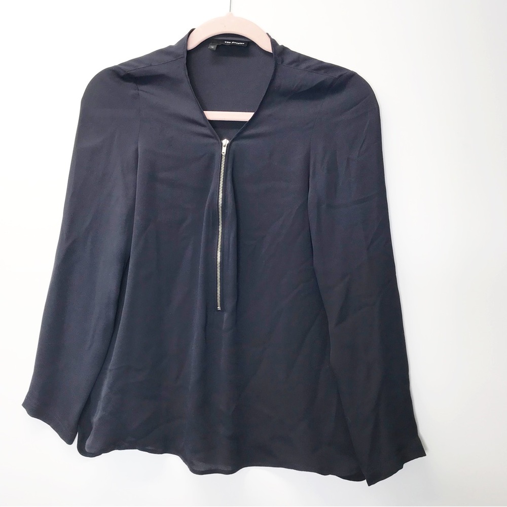 The Kooples navy blue silk long sleeve zip blouse top